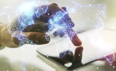 double-exposure-abstract-digital-world-map-finger-clicks-digital-tablet-background-research-strategy-concept-scaled